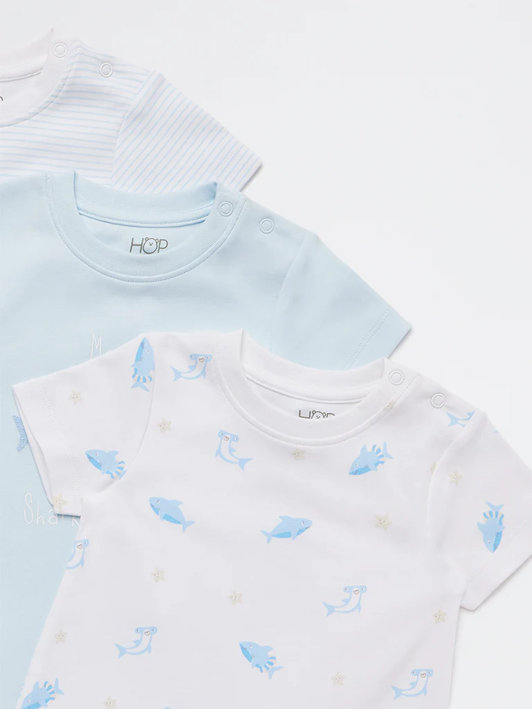 HOP Baby Boys Blue Printed Cotton Romper - Pack Of 3 - Image 4