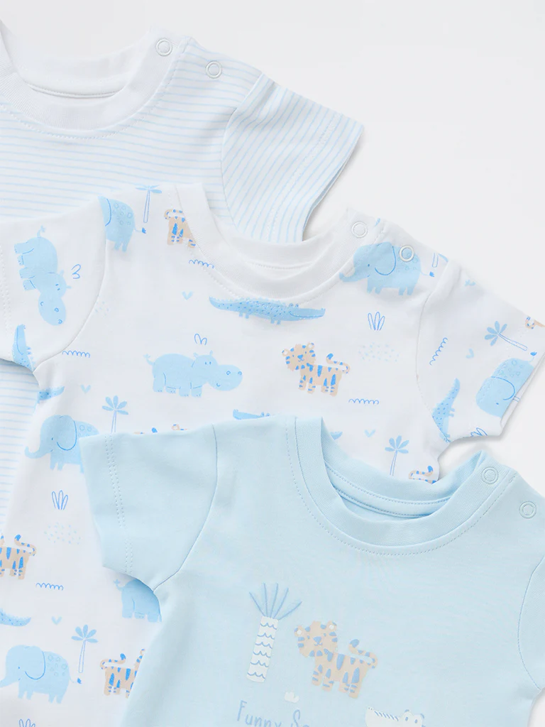 HOP Baby Boys Blue Printed Cotton Romper - Pack of 3 - Image 3