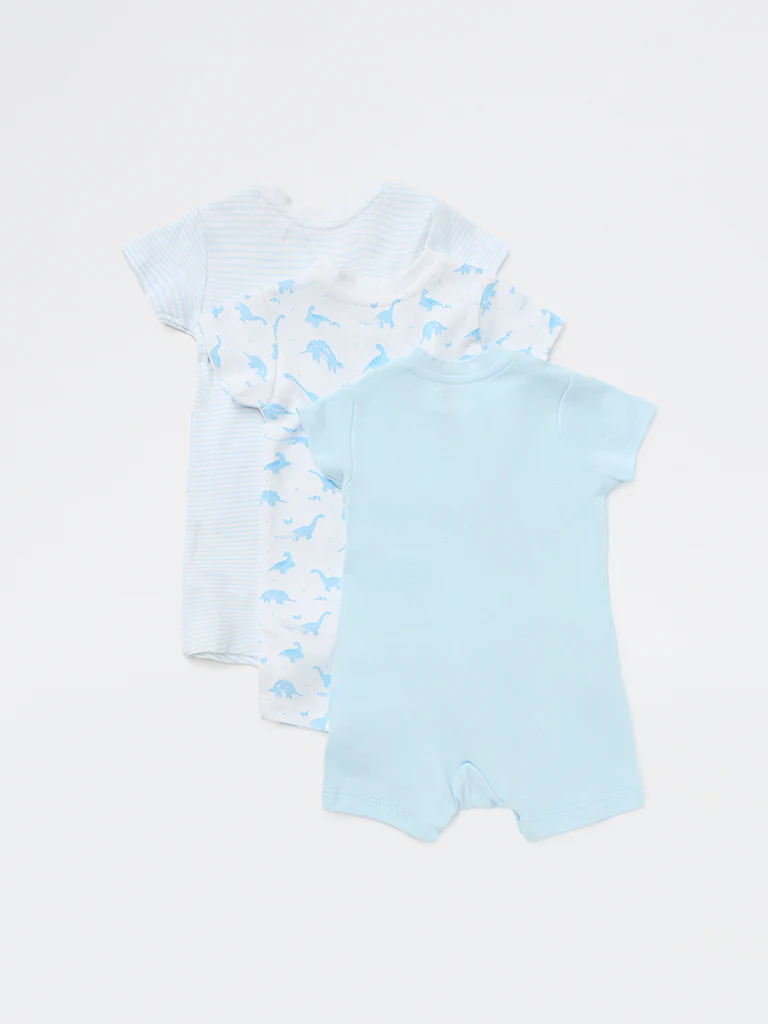 HOP Baby Boys Blue Printed Cotton Rompers (Pack of 3) - Image 3