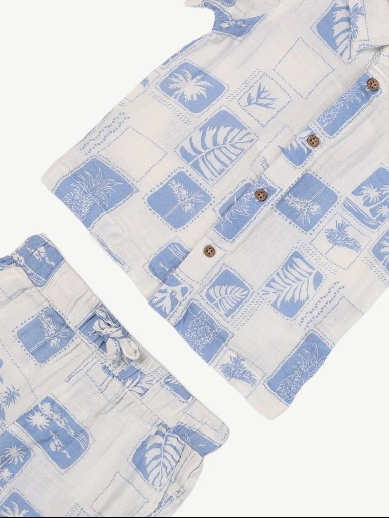 HOP Baby Boys Blue Printed Cotton Shirt and Shorts Set - Image 4