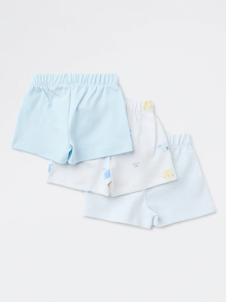 HOP Baby Boys Blue Printed Cotton Shorts - Pack of 3 - Image 3