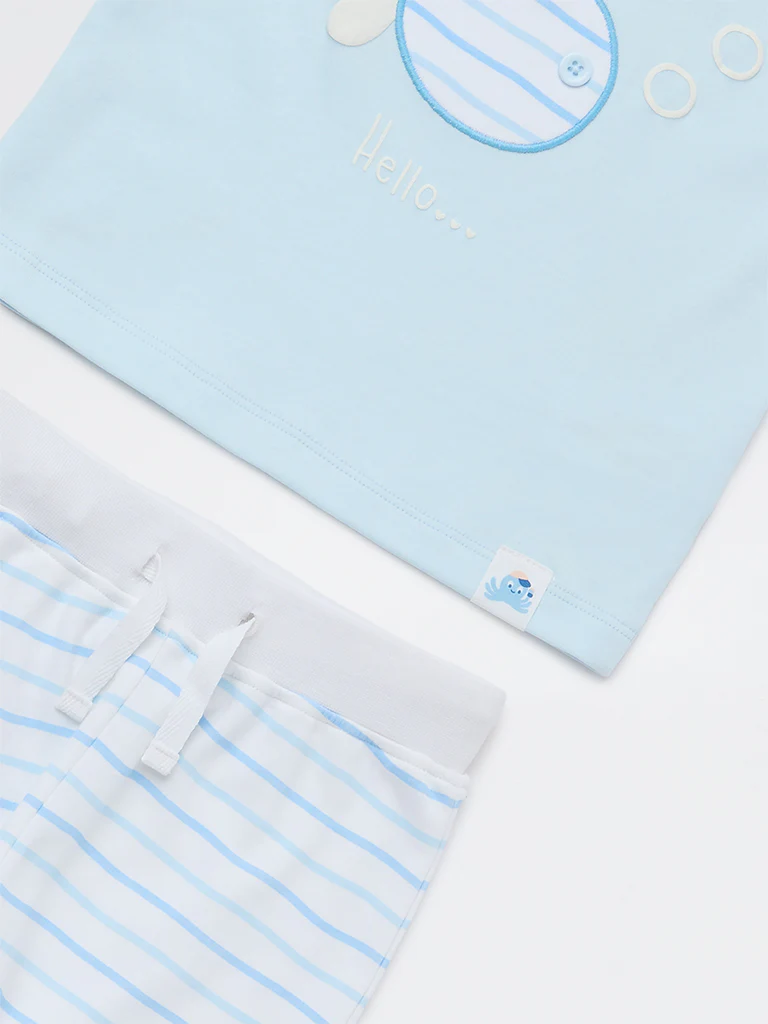 HOP Baby Boys Blue Printed Cotton T-Shirt and Joggers Set - Image 4