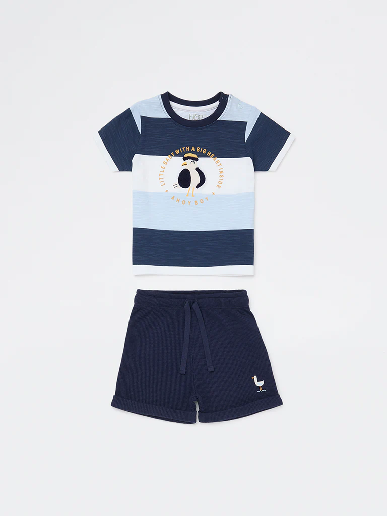 HOP Baby Boys Blue Printed Cotton T-Shirt and Shorts Set - Image 2
