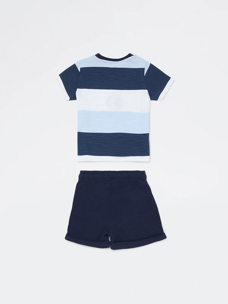 HOP Baby Boys Blue Printed Cotton T-Shirt and Shorts Set - Image 3