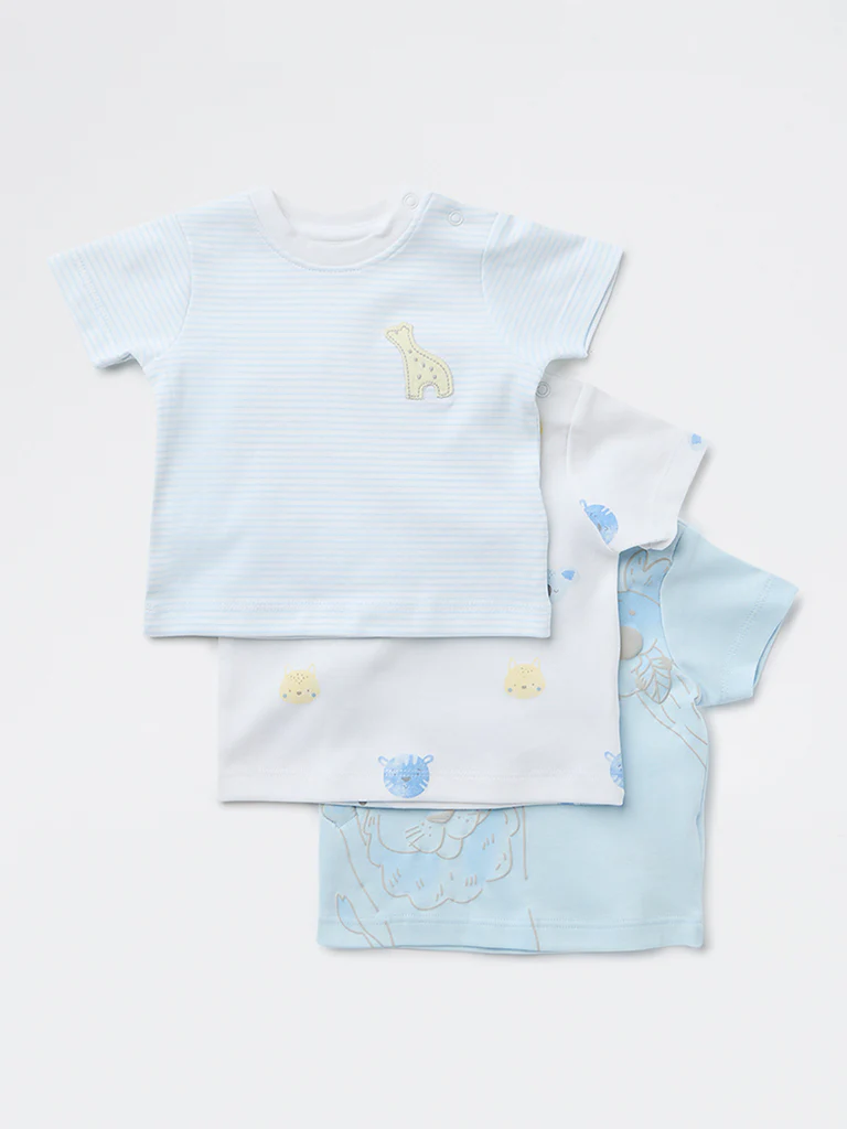 HOP Baby Boys Blue Printed Cotton T-Shirt - Pack of 3 - Image 2