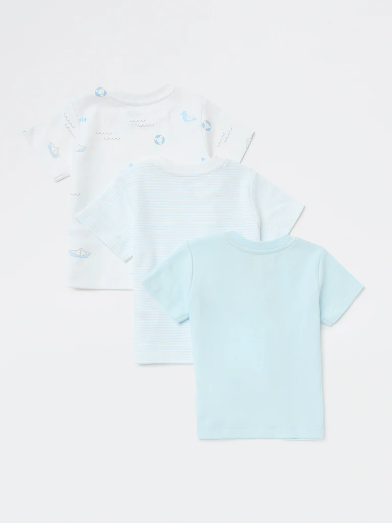 HOP Baby Boys Blue Printed Cotton T-Shirts - Pack of 3 - Image 3