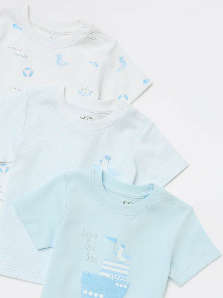 HOP Baby Boys Blue Printed Cotton T-Shirts - Pack of 3 - Image 4