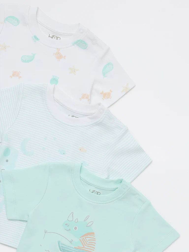 HOP Baby Boys Blue Printed Cotton T-Shirts - Pack of 3 - Image 3