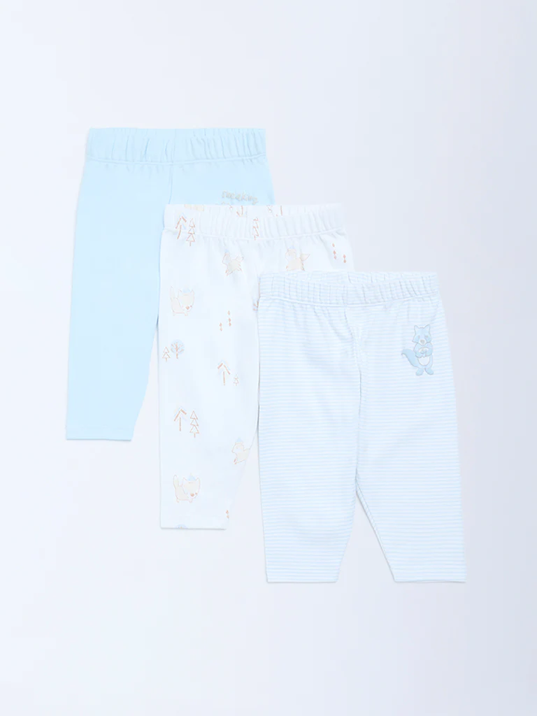 HOP Baby Boys Blue Printed Mid-Rise Cotton Pants - Pack of 3 - Image 2
