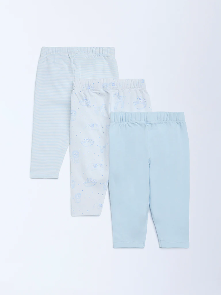 HOP Baby Boys Blue Printed Mid-Rise Cotton Pants - Pack of 3 - Image 3