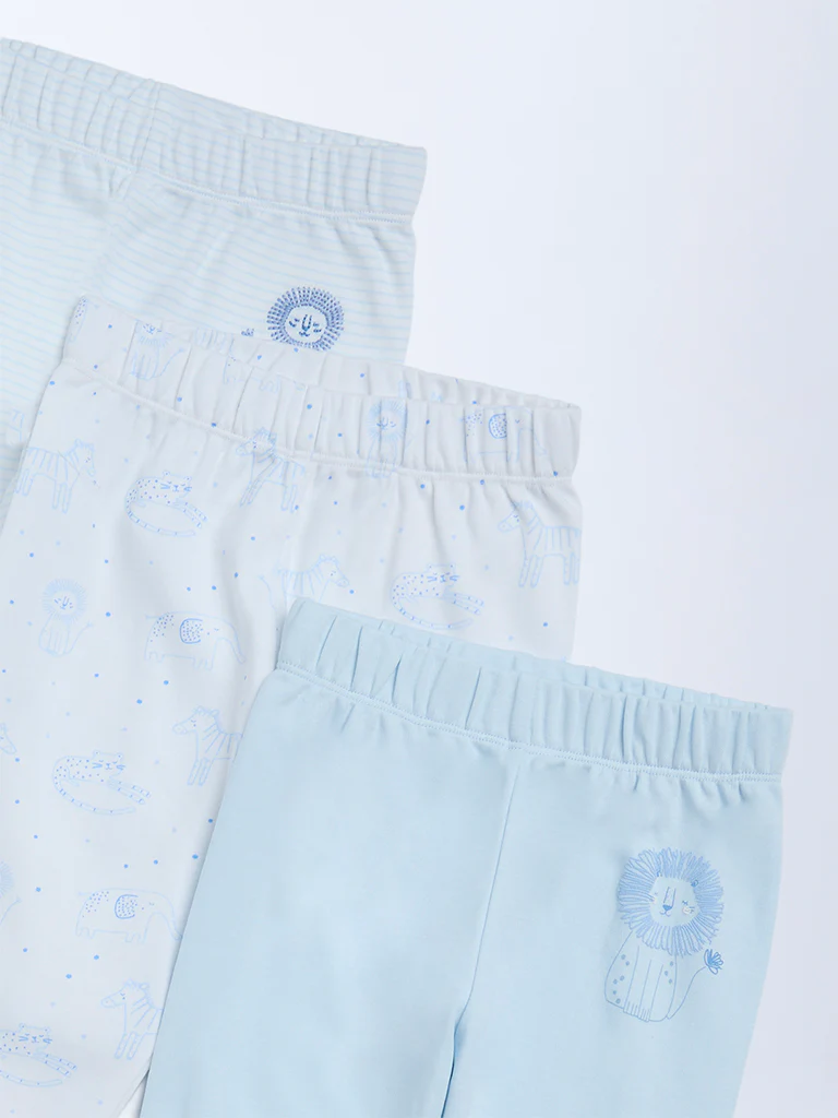 HOP Baby Boys Blue Printed Mid-Rise Cotton Pants - Pack of 3 - Image 4