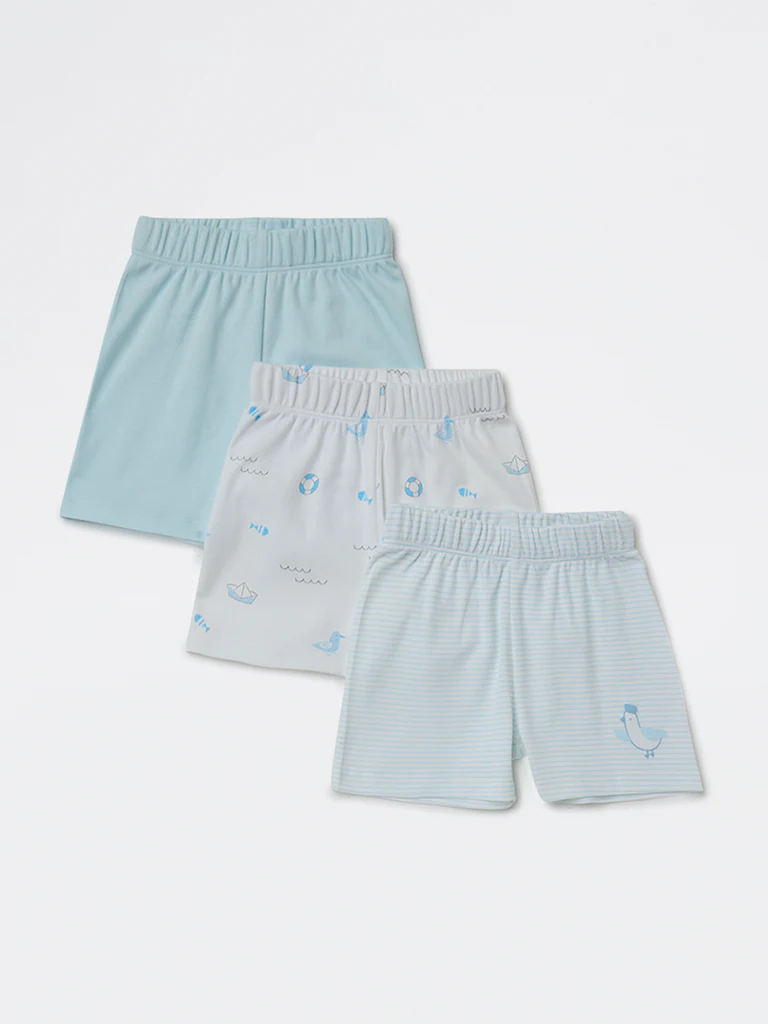 HOP Baby Boys Blue Printed Mid-Rise Cotton Shorts - Pack of 3 - Image 2