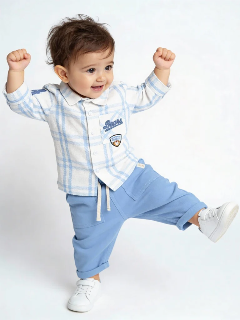 HOP Baby Boys Blue Solid Mid-Rise Cotton-Blend Trousers
