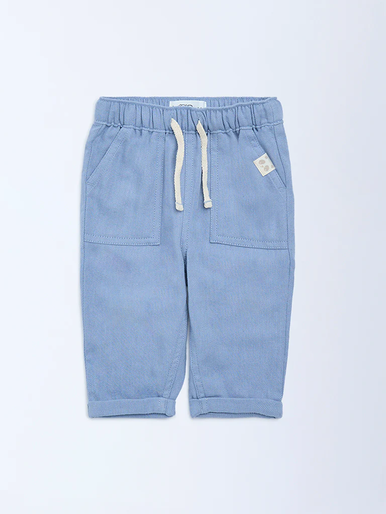 HOP Baby Boys Blue Solid Mid-Rise Cotton-Blend Trousers - Image 2