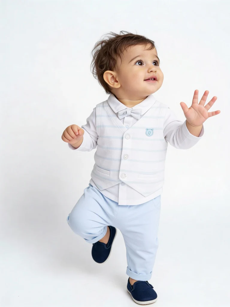 HOP Baby Boys Blue Striped Cotton-Blend Waistcoat, Shirt, Pants and Bow Set