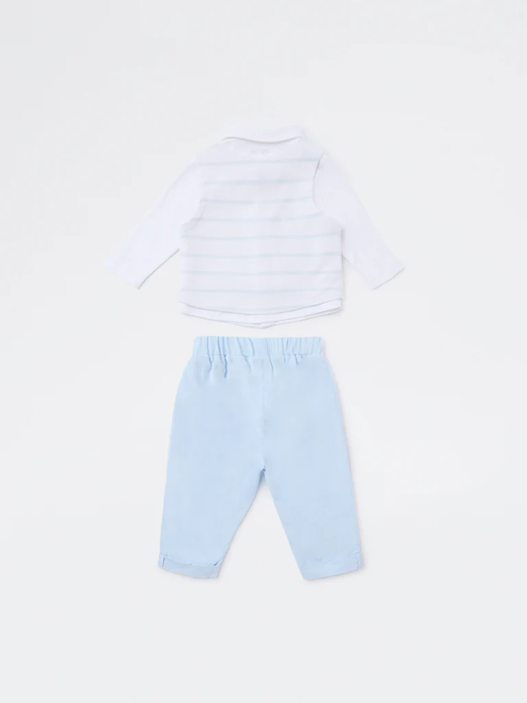HOP Baby Boys Blue Striped Cotton-Blend Waistcoat, Shirt, Pants and Bow Set - Image 3