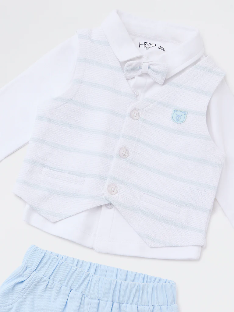 HOP Baby Boys Blue Striped Cotton-Blend Waistcoat, Shirt, Pants and Bow Set - Image 4