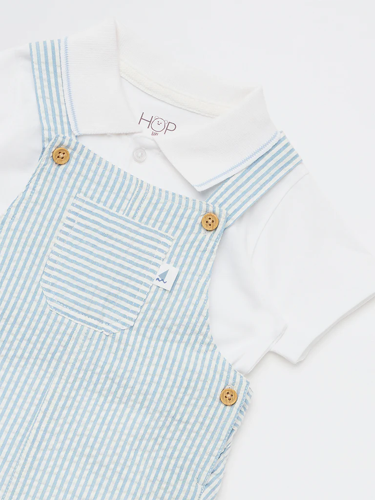 HOP Baby Boys Blue Striped Cotton Dungaree and T-Shirt Set - Image 4