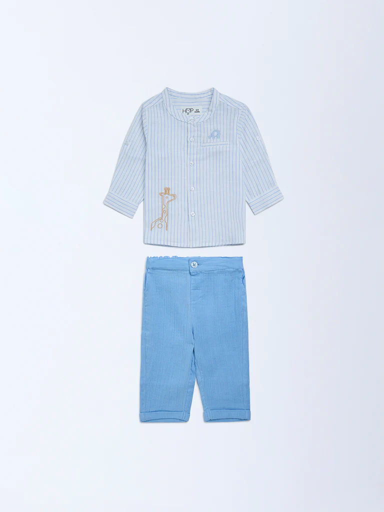 HOP Baby Boys Blue Striped Cotton Shirt and Pants Set - Image 2