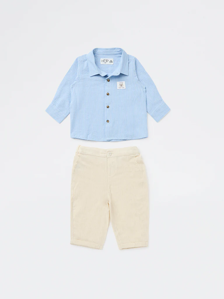 HOP Baby Boys Blue Striped Cotton Shirt and Pants Set