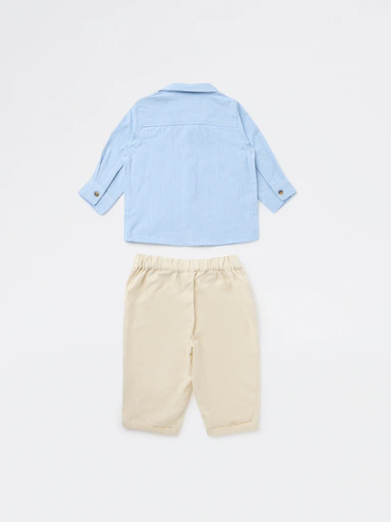HOP Baby Boys Blue Striped Cotton Shirt and Pants Set - Image 2