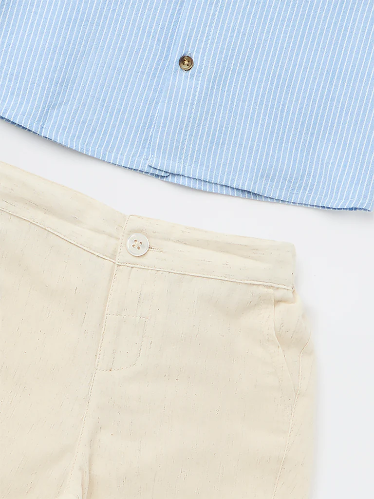 HOP Baby Boys Blue Striped Cotton Shirt and Pants Set - Image 3