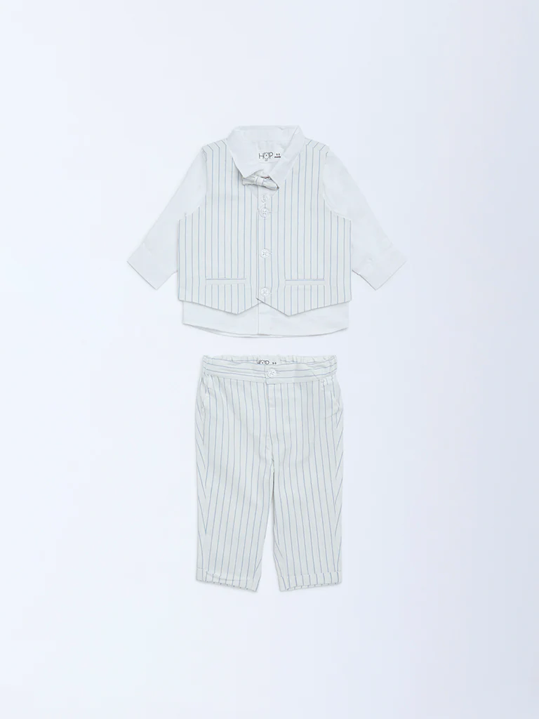 HOP Baby Boys Blue Striped Cotton Shirt, Waistcoat, Trousers & Bow Set - Image 2