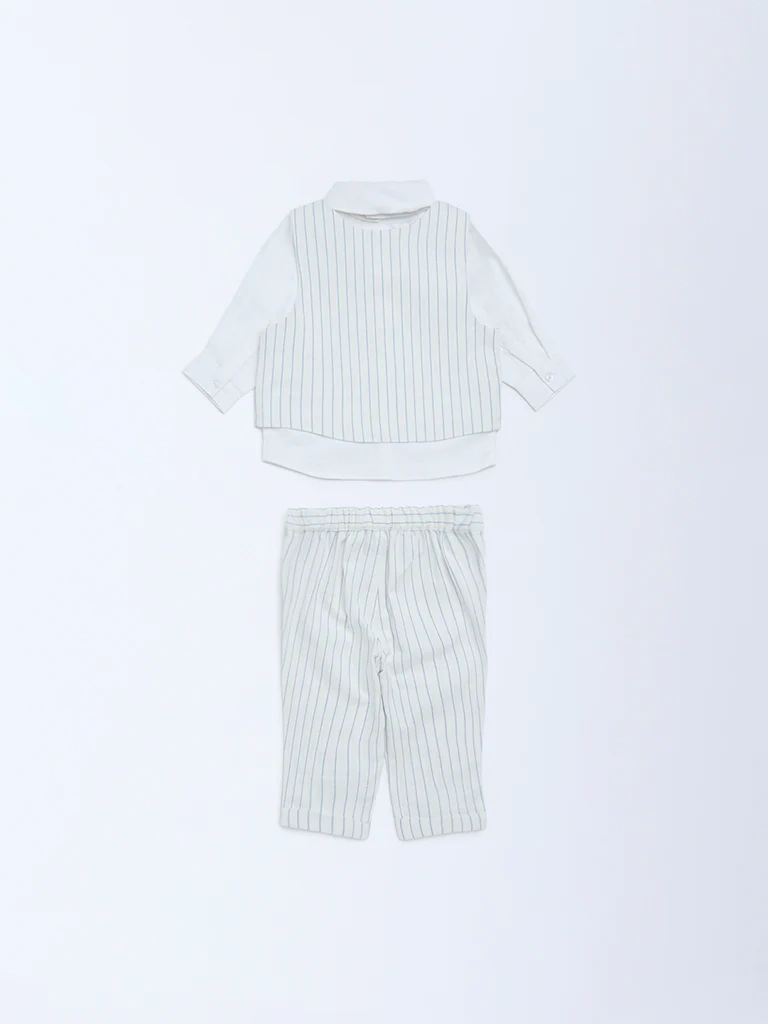 HOP Baby Boys Blue Striped Cotton Shirt, Waistcoat, Trousers & Bow Set - Image 3