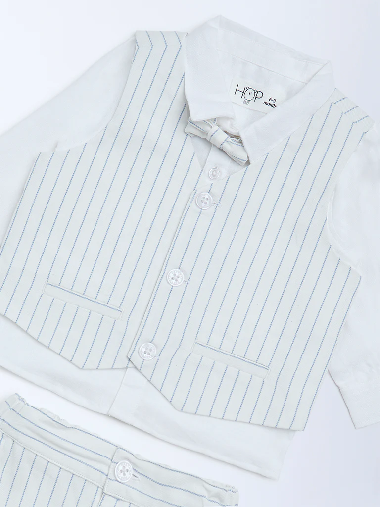 HOP Baby Boys Blue Striped Cotton Shirt, Waistcoat, Trousers & Bow Set - Image 4