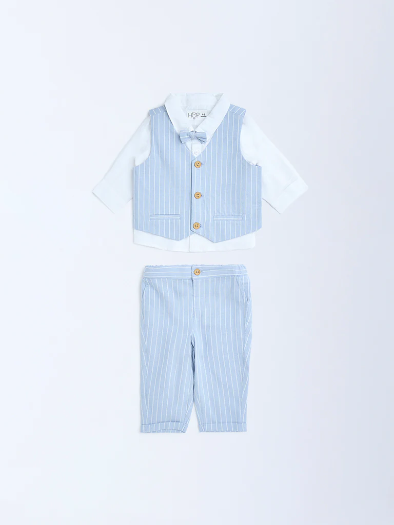 HOP Baby Boys Blue Striped Cotton Waistcoat, Shirt, Pants and Bow Set - Image 2