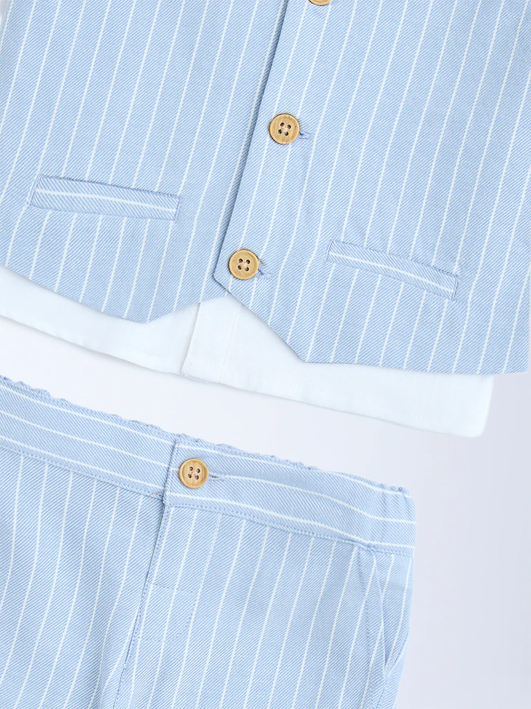 HOP Baby Boys Blue Striped Cotton Waistcoat, Shirt, Pants and Bow Set - Image 4
