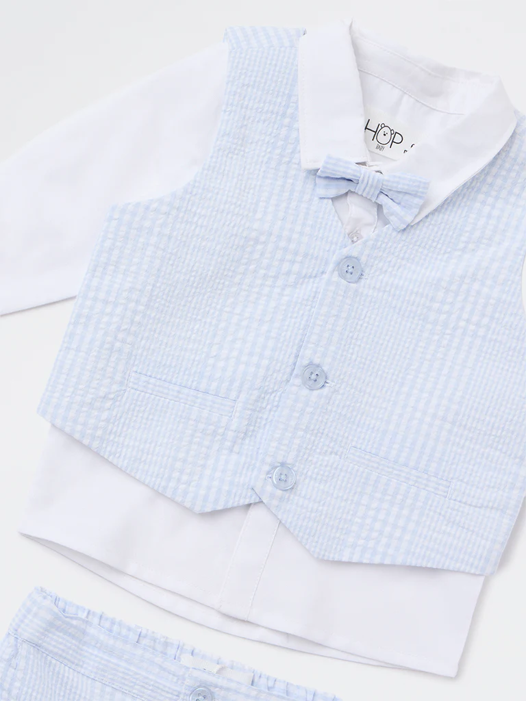 HOP Baby Boys Blue Textured Waistcoat, Shirt, Pants and Bow Set - Image 4