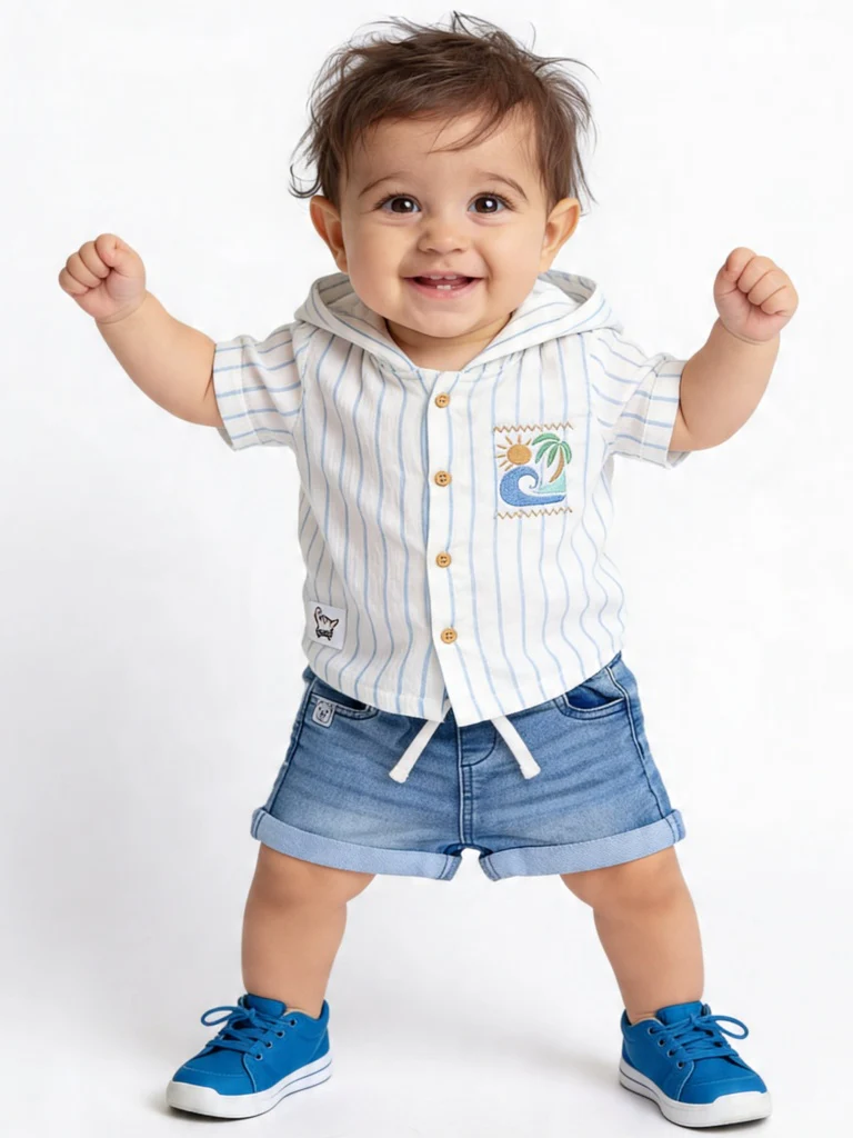 HOP Baby Boys Blue Washed Regular Fit Denim Shorts