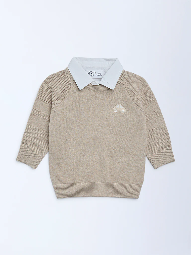HOP Baby Boys Brown Knit-Textured Cotton Sweater - Image 2