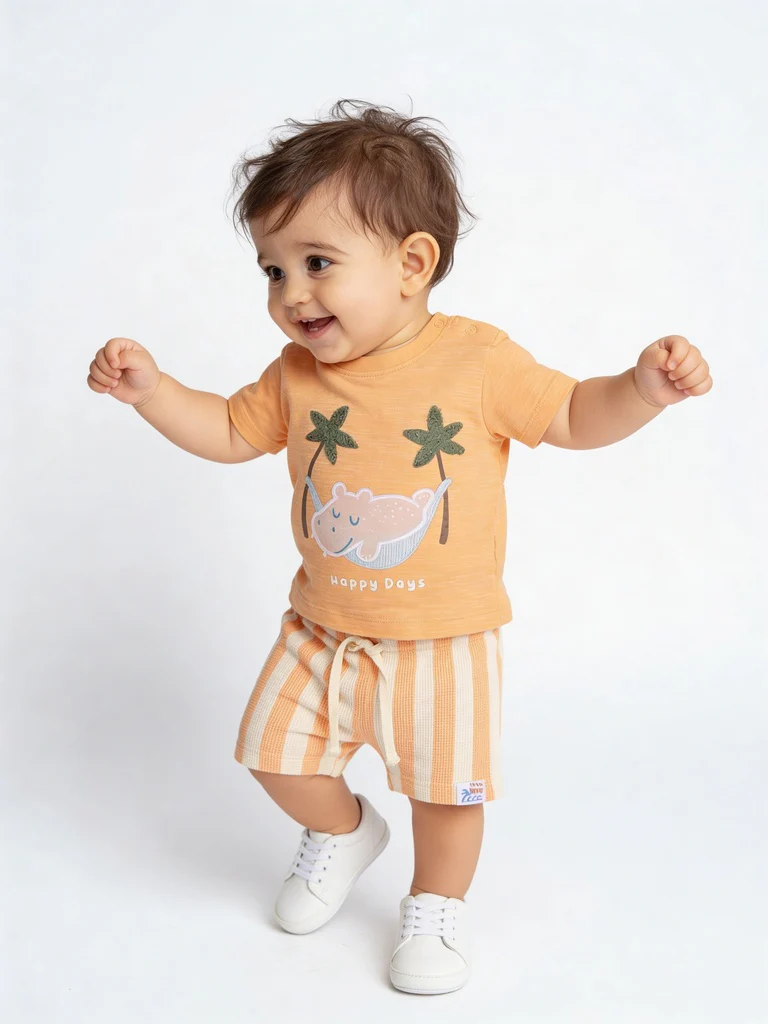 HOP Baby Boys Coral Printed Cotton T-Shirt and Shorts Set