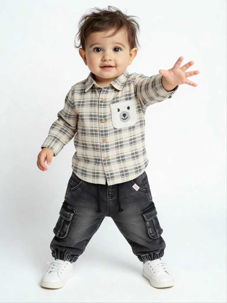 HOP Baby Boys Cream Check Printed Cotton Shirt