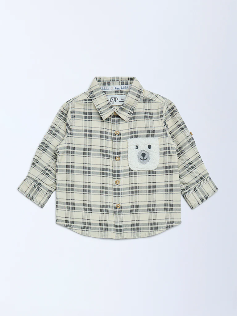 HOP Baby Boys Cream Check Printed Cotton Shirt - Image 2