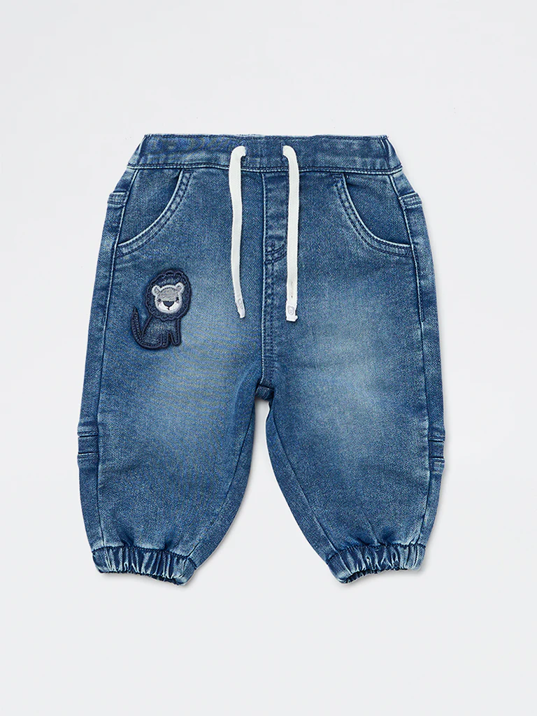 HOP Baby Boys Dark Blue Faded Mid-Rise Denim Joggers - Image 3