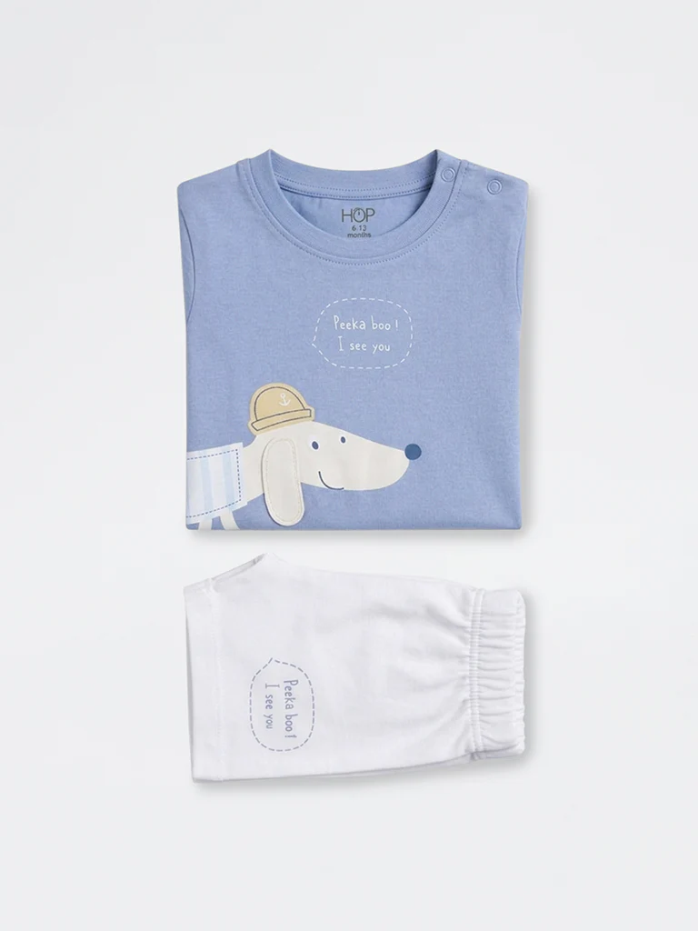 2-Piece HOP Baby Boys Dusty Blue Animal Printed Cotton Set - Image 4