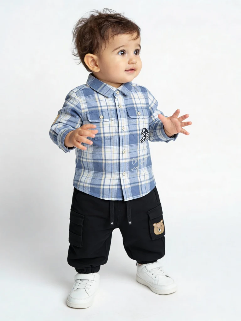 HOP Baby Boys Dusty Blue Checks Detailed Cotton Shirt