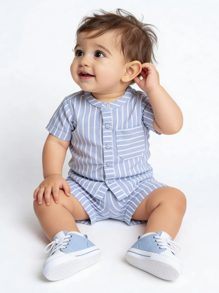 HOP Baby Boys Dusty Blue Cotton Shirt and Shorts Set