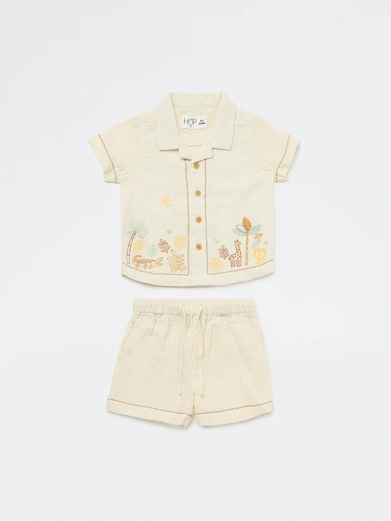 HOP Baby Boys Light Beige Jungle-Themed Cotton Shirt and Shorts Set - Image 2