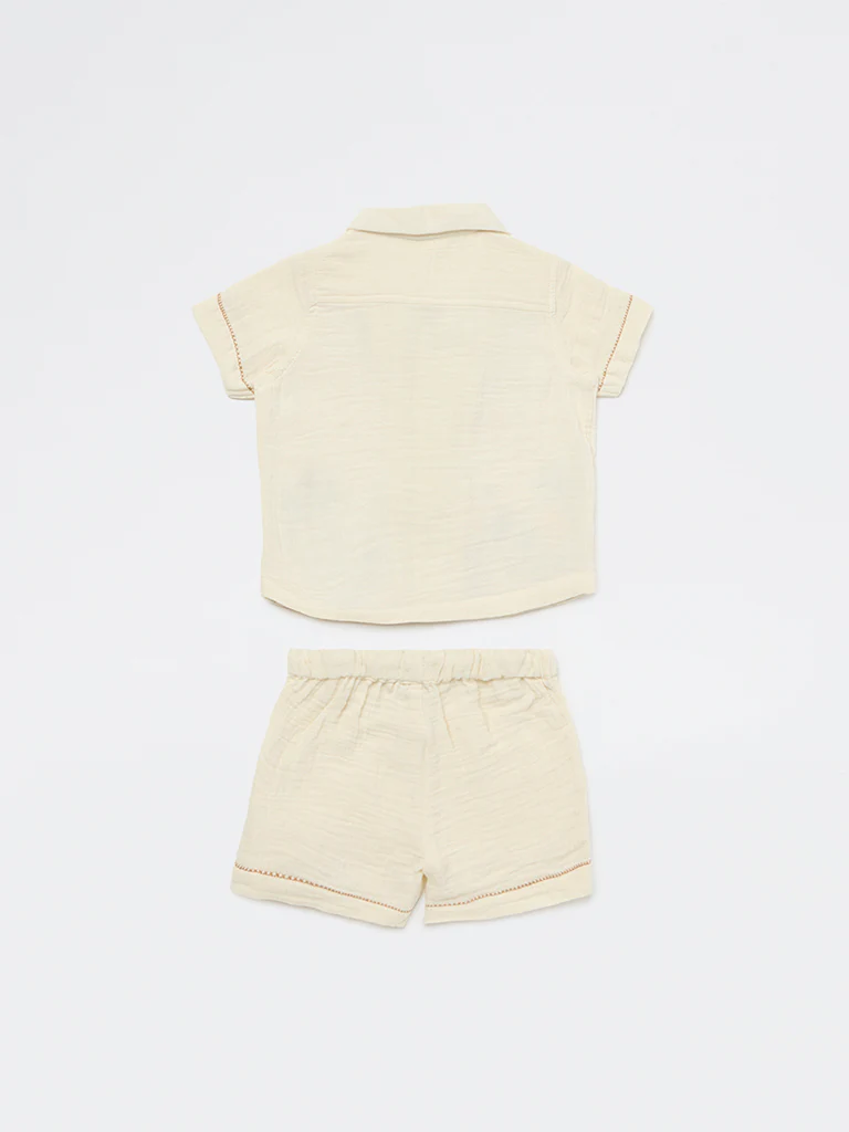 HOP Baby Boys Light Beige Jungle-Themed Cotton Shirt and Shorts Set - Image 3