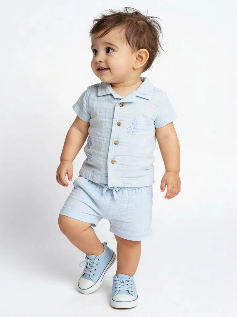 HOP Baby Boys Light Blue Cotton Shirt and Shorts Set