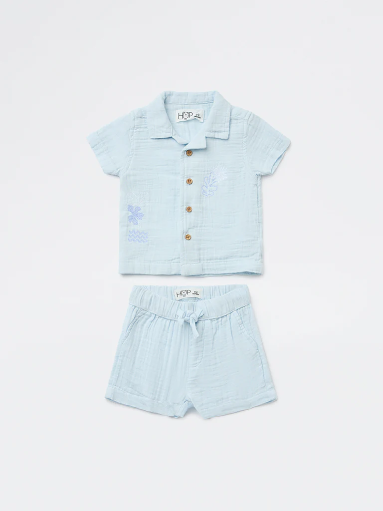 HOP Baby Boys Light Blue Cotton Shirt and Shorts Set - Image 2