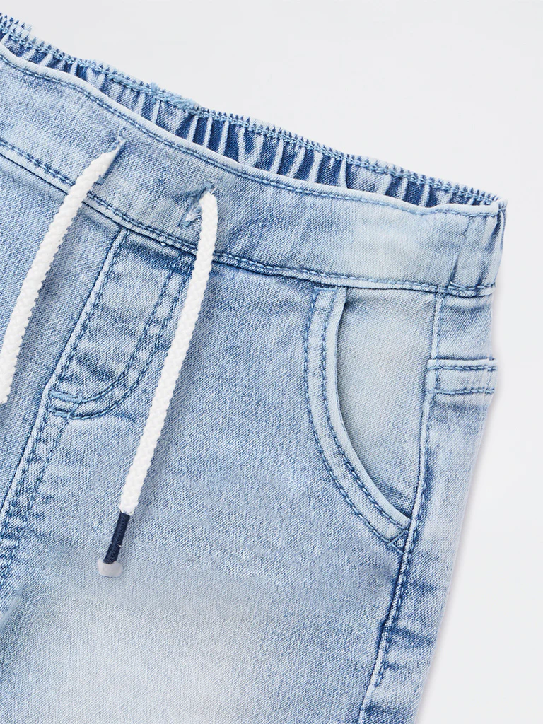 HOP Baby Boys Light Blue Faded Mid-Rise Denim Joggers - Image 4