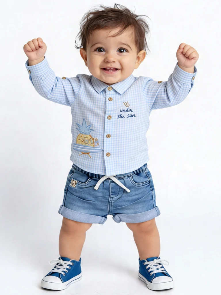 HOP Baby Boys Light Blue Washed Regular Fit Denim Shorts