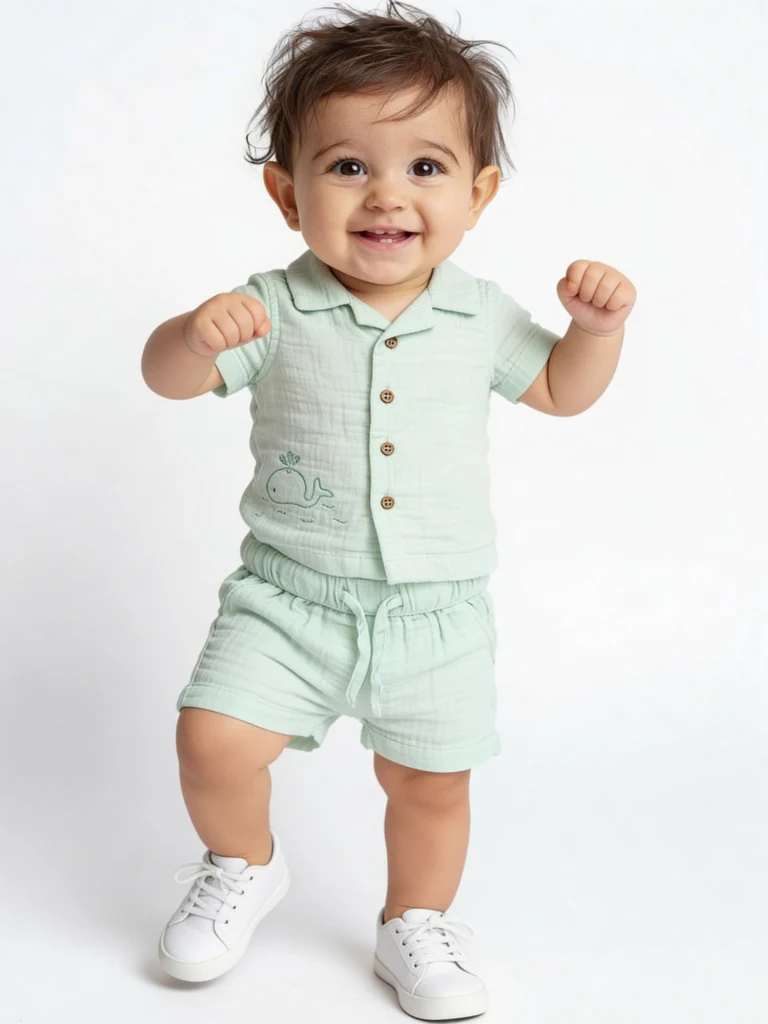 HOP Baby Boys Light Sage Textured Cotton Shirt and Shorts Set