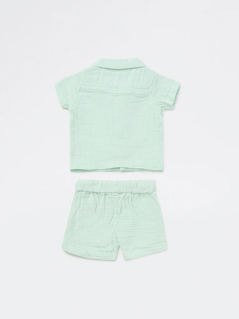 HOP Baby Boys Light Sage Textured Cotton Shirt and Shorts Set - Image 3