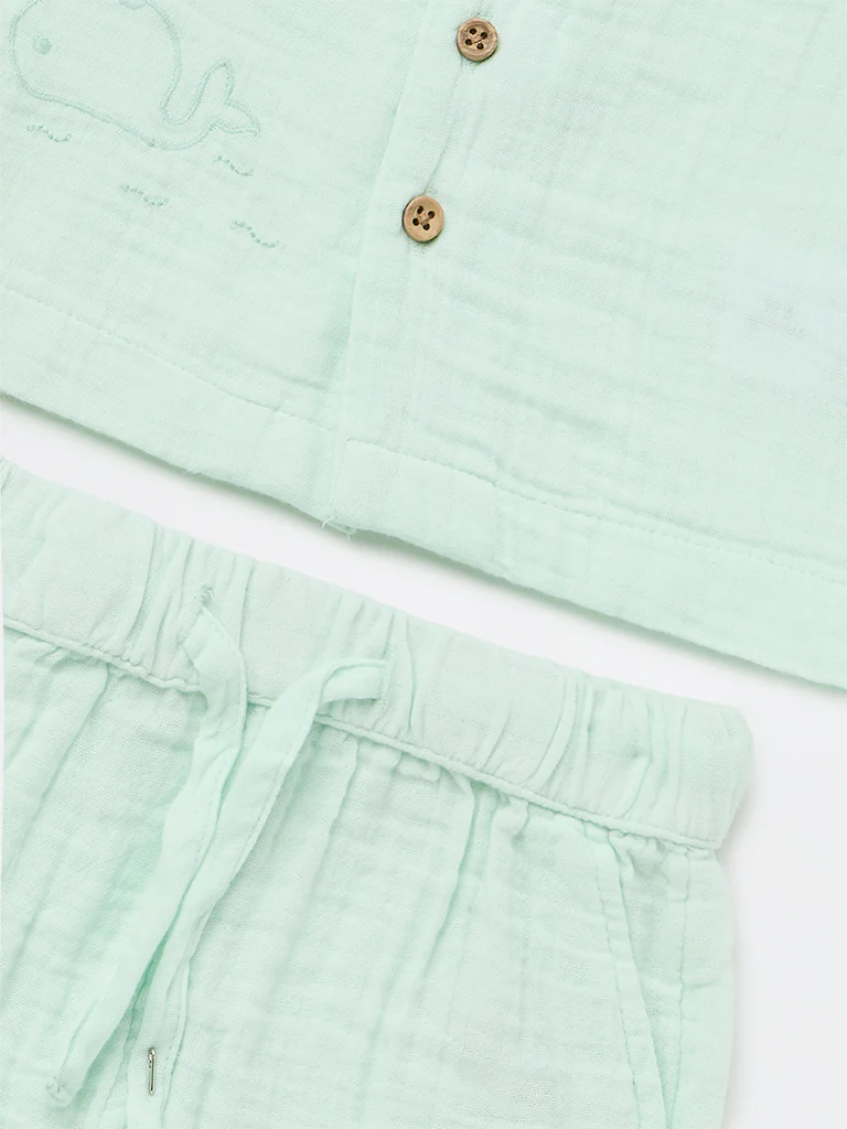 HOP Baby Boys Light Sage Textured Cotton Shirt and Shorts Set - Image 4